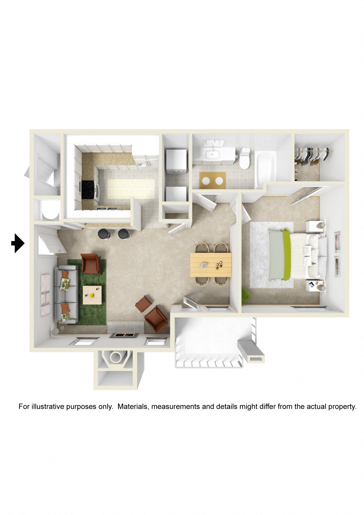 Floor plan for 1 bed, 1 bath, 738 sqft